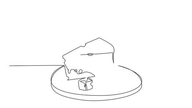 Animated self drawing of single line drawing of cheese cubes arranged on a plate, created for food concept illustration in National Cheese Day theme, emphasizing dairy nutrition. Full length animation - Powered by Adobe