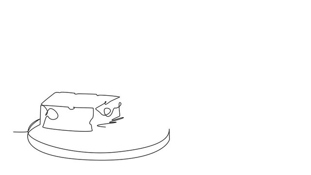 Self drawing animation of one line drawing of cheese slice with cubes on a plate, created as a food concept for National Cheese Day celebration, highlighting dairy industry. Full length animated - Powered by Adobe