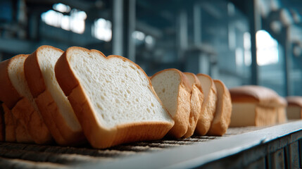 Sliced bread bakery fresh soft white loaf food industrial production morning arranged in line on wooden surface