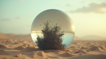 A large transparent glass sphere resting on a sandy desert floor having inside a dark particles or ashes appear to be swirling or disintegrating in midair.
