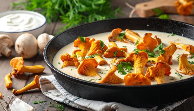 Golden chanterelles simmer in creamy sauce in a black skillet, on a wooden surface, garnished with herbs