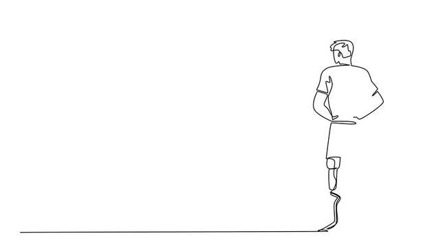 Animated self drawing of continuous line drawing of a man with a prosthetic leg, hands on waist, rear view, Reflecting strength, awareness for World Day for Assistive Technology. Full length animation - Powered by Adobe