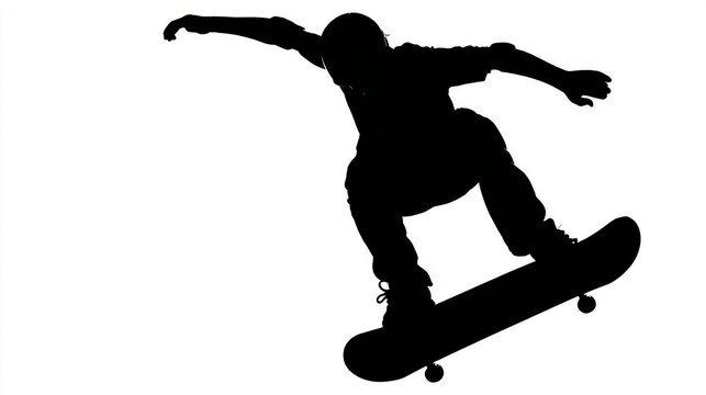 Silhouette of a skateboarder performing a trick against a white background. This image captures the dynamic action of skateboarding, showcasing a skater's skill and athleticism - Powered by Adobe
