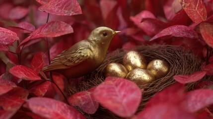 Gold bird nest red leaves