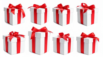 Eight white gift boxes with red bows arranged in two neat rows on a clean white surface.