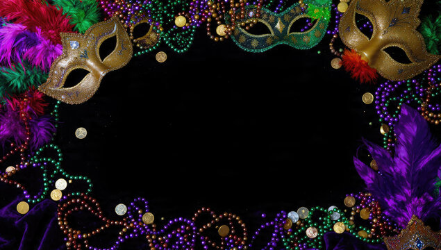 Mardi Gras masks, beads and doubloons
