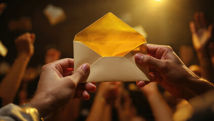 Open Envelope in Hands with Celebratory Crowd
