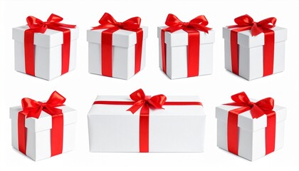 Eight white gift boxes with red bows arranged in two neat rows on a clean white surface.