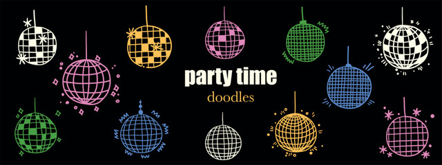 Disco ball doodle icon. Hand drawn party illustration featuring mirror globe sketch. Perfect for nightclub designs, dance events, retro celebration graphics.