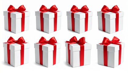 Eight white gift boxes with red bows arranged in two neat rows on a clean white surface.
