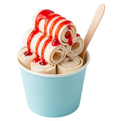 Rolled ice cream in a blue cup with strawberry sauce and a wooden spoon isolated on a transparent background