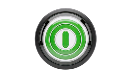 Illuminated Green Power Button Icon With Concentric Rings And Metallic Bezel On A Transparent Background