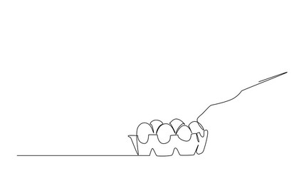 Animated self drawing of continuous line drawing of a hand placing an egg into a carton tray, symbolizing National Egg Day in a health concept food theme, emphasizing freshness. Full length animation