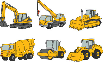 Construction vehicle icon set, heavy machinery equipment, excavators, bulldozers, dump trucks, road rollers, loaders, industrial machines, flat design vector illustration