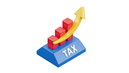 Isometric 3D Bar Chart Showing Increasing Tax Revenue With Yellow Arrow on Blue Base
