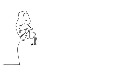 Self drawing animation of continuous line drawing of a young businesswoman holding a handbag and checking her watch, themed for National Punctuality Day to represent professi. Full length animated