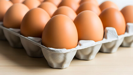 Close-up of fresh brown eggs arranged neatly in a paper carton on a light wooden surface