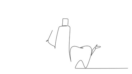 Animated self drawing of a continuous line drawing of toothpaste holding a toothbrush beside a tooth, promoting daily dental hygiene for National I Love My Dentist Day. Full length animation