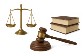 Justice scales, gavel, and law books symbolizing legal system