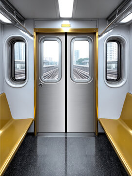 Modern subway train interior with yellow seats, closed doors, and cityscape view through windows, clean and minimalistic design