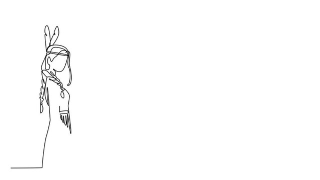 Animated self drawing of single line drawing of a Native American woman in traditional dress with feather headband, representing culture for American Indian Citizenship Day. Full length animation