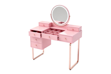 Pink makeup vanity with round mirror and multiple drawers