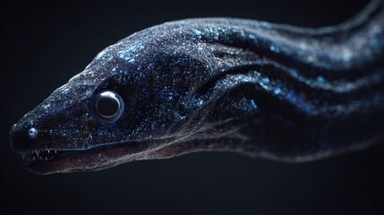 Close-up of a mysterious eel, with a detailed focus on the eyes and scales