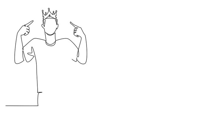 Animation of single line drawing of a young man pointing proudly at his crown, representing ego and self-focus for World Narcissistic Abuse Awareness Day with awareness message. Full length motion