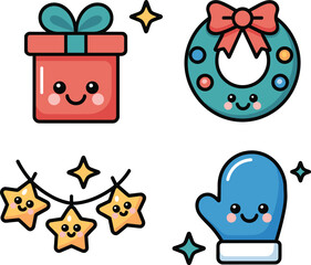 Colorful gift and celebration icons, wrapped presents, stars, candy cane, confetti, holiday party elements, festive decoration set, flat vector illustration