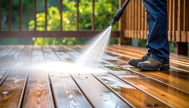 Person cleaning a wooden deck with a pressure washer, spraying a stream of water, with trees in the background