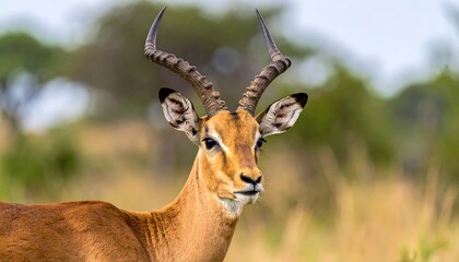 Naklejka premium Portrait of an impala with impressive curved horns standing in tall, dry grass against a blurred natural background