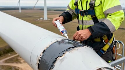 Repair specialist applying adhesive sealant on damaged blade section in a remote wind farm setting.