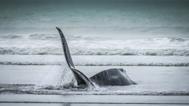 motherliness. Beached whale with tail fin splashing in shallow water under overcast sky. wildlife magazines, conservation campaigns, designed for eco-tourism storytelling.