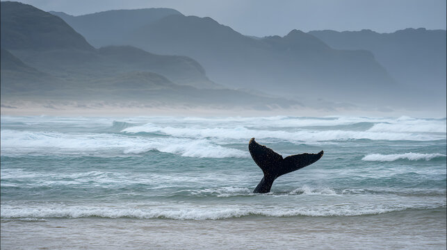 motherliness. Beached whale with tail fin splashing in shallow water under overcast sky. wildlife magazines, conservation campaigns, designed for eco-tourism storytelling.