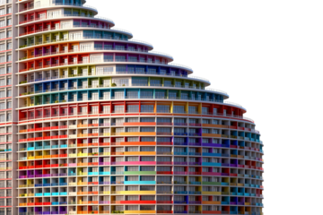 Colorful multi-story building with curved structure and various hues