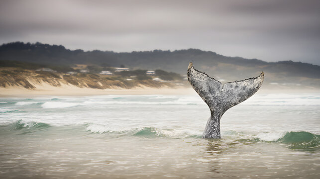 motherliness. Beached whale with tail fin splashing in shallow water under overcast sky. wildlife magazines, conservation campaigns, designed for eco-tourism storytelling.