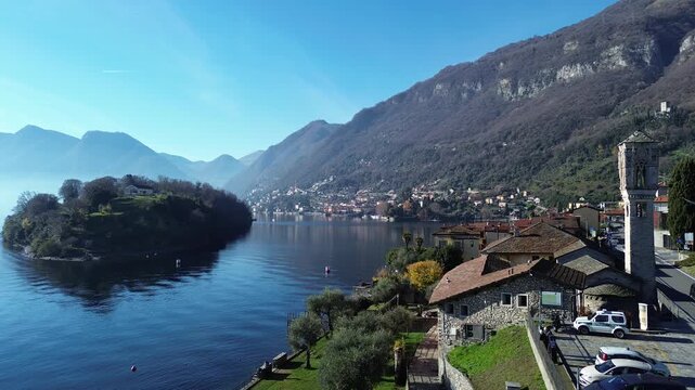 View of Comacina island from the village of Ossuccio on Lake Como