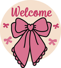 Pink Coquette Round Welcome Sign SVG, Laser Cut Files Glowforge, Front Door Hanger Frame Wreath, Elegant Ribbon Bow with Heart and Lace