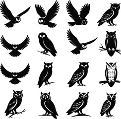 Obraz premium Collection of black owl silhouettes in various poses and styles white background flying