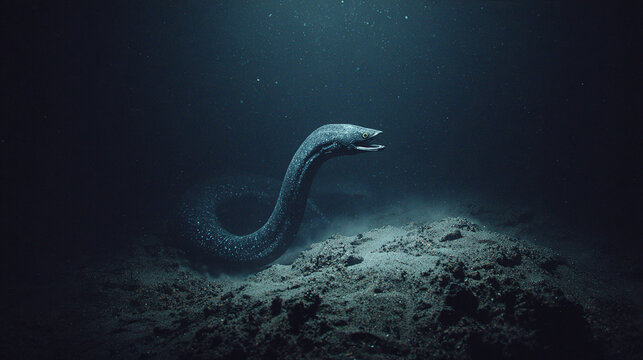 A mesmerizing capture of a moray eel gracefully swimming in the deep ocean