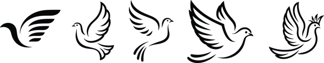 Elegant flying bird illustration set in minimalist black and white style, featuring various wing shapes, doves, creative line art designs