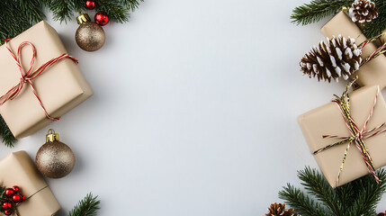 Christmas Gift Boxes with Pine Cones and Fir Branches on White Background, Festive Border Design for Winter Holiday Card or Invitation