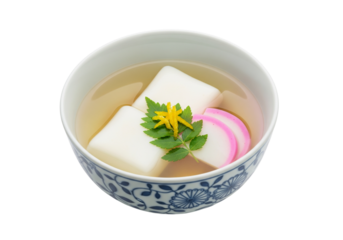Traditional Japanese New Year Ozoni Soup with Mochi and Kamaboko in a Decorative Bowl
