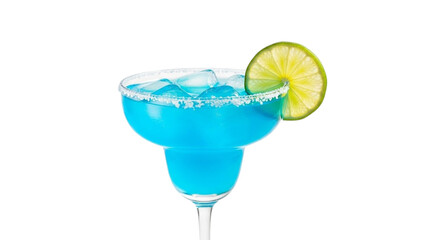 Blue margarita cocktail with ice cubes lime slice and salt rim drink beverage