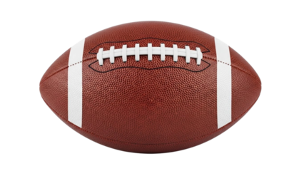 Brown American football with white laces and stripes on white background sport game