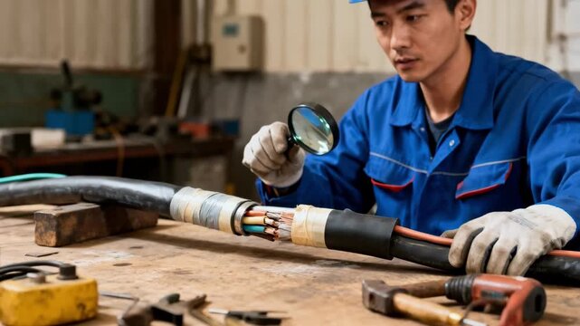 Side angle of skilled worker inspecting a recently spliced cable joint highlighting detailed craftsmanship and quality control