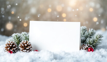 Blank white paper in snow with Christmas decorations on bokeh background