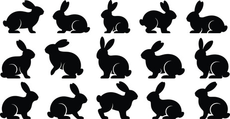 Fifteen black rabbit silhouettes in various poses on white background bunny