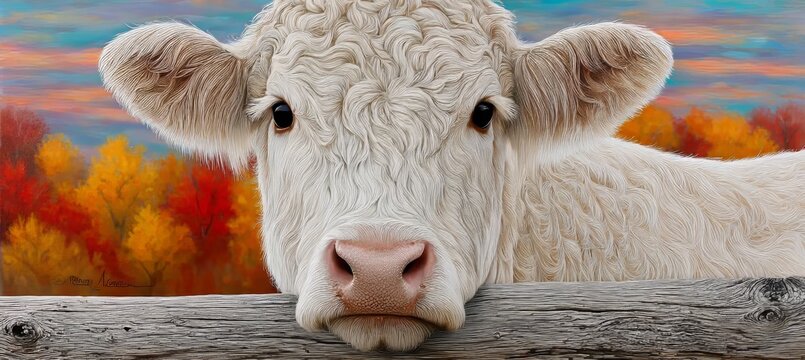 Serene Simmental Dairy Cow Curiously Peeking Over Rustic Wooden Fence in Lush Green Farm Fields