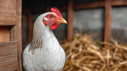 Fototapeta premium White chicken with red comb standing in wooden coop, straw background, natural light, calm farm atmosphere